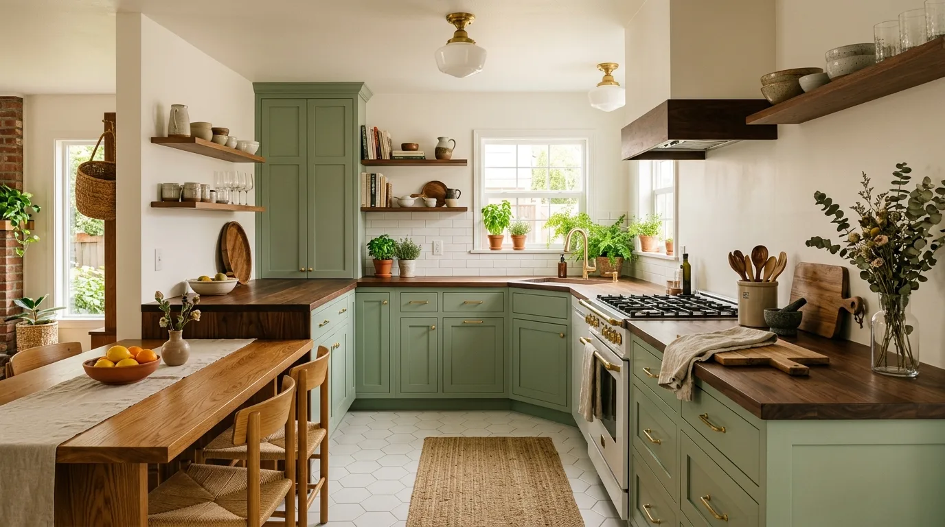 Classic green cabinets with dark walnut countertops. White hex floor tiles, wood dining extension, and brass lighting.