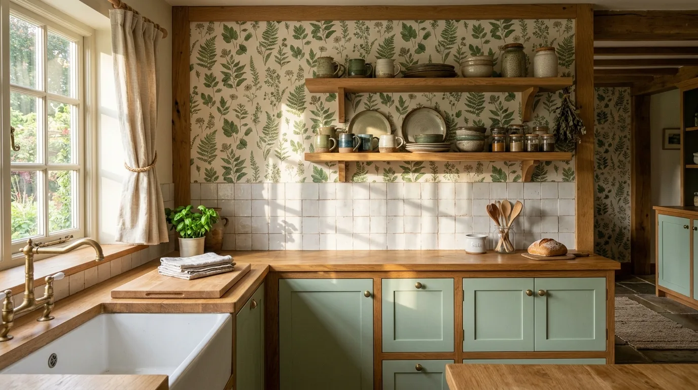 Pastel green cabinets with oak trim and botanical wallpaper. Open oak shelves, handmade pottery, and sunlight shadows.