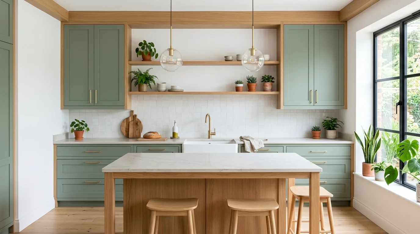 Minimal muted green cabinets with oak framing. Light stone counters, white walls, brass pulls, and indoor plants.