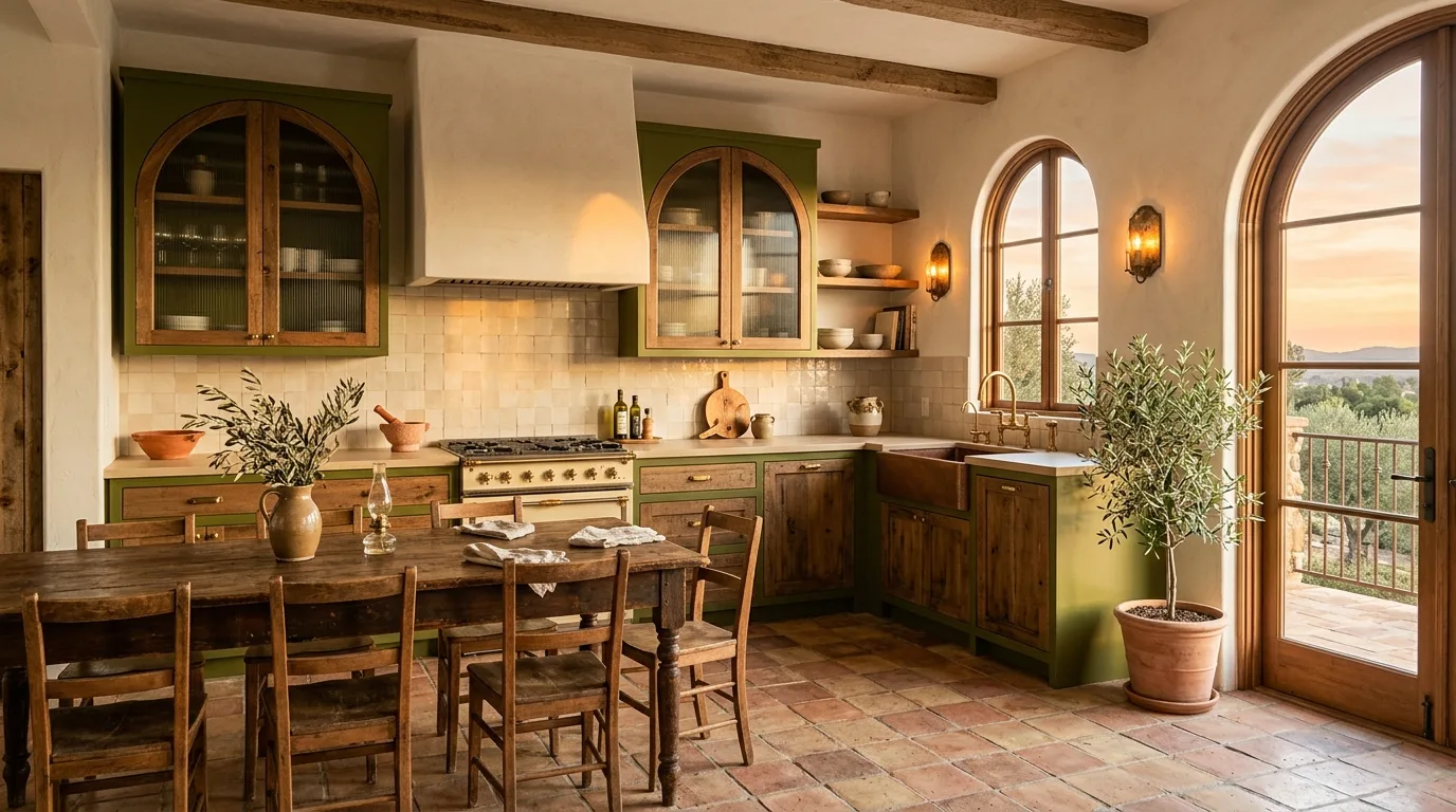 Warm green cabinets with arched wood-framed doors. Terracotta flooring, antique table, creamy backsplash, and brass sconces.