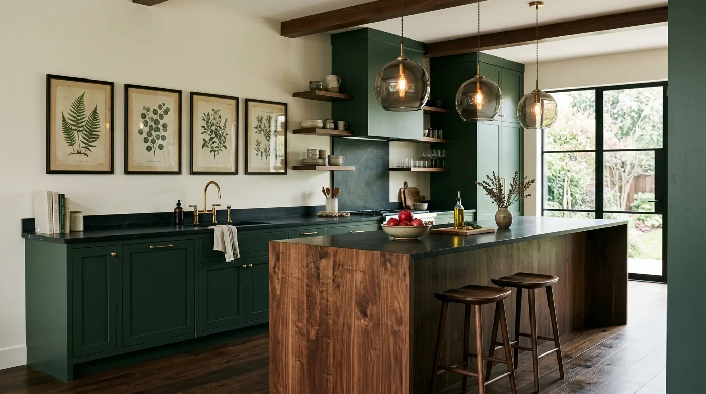 Deep green kitchen cabinets with walnut waterfall island. Smoked glass pendants, dark wood flooring, and botanical art.