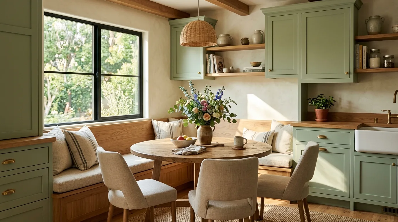 Soft green cabinets around a wood breakfast nook. Round oak table, upholstered chairs, floral centerpiece, and warm sunlight.