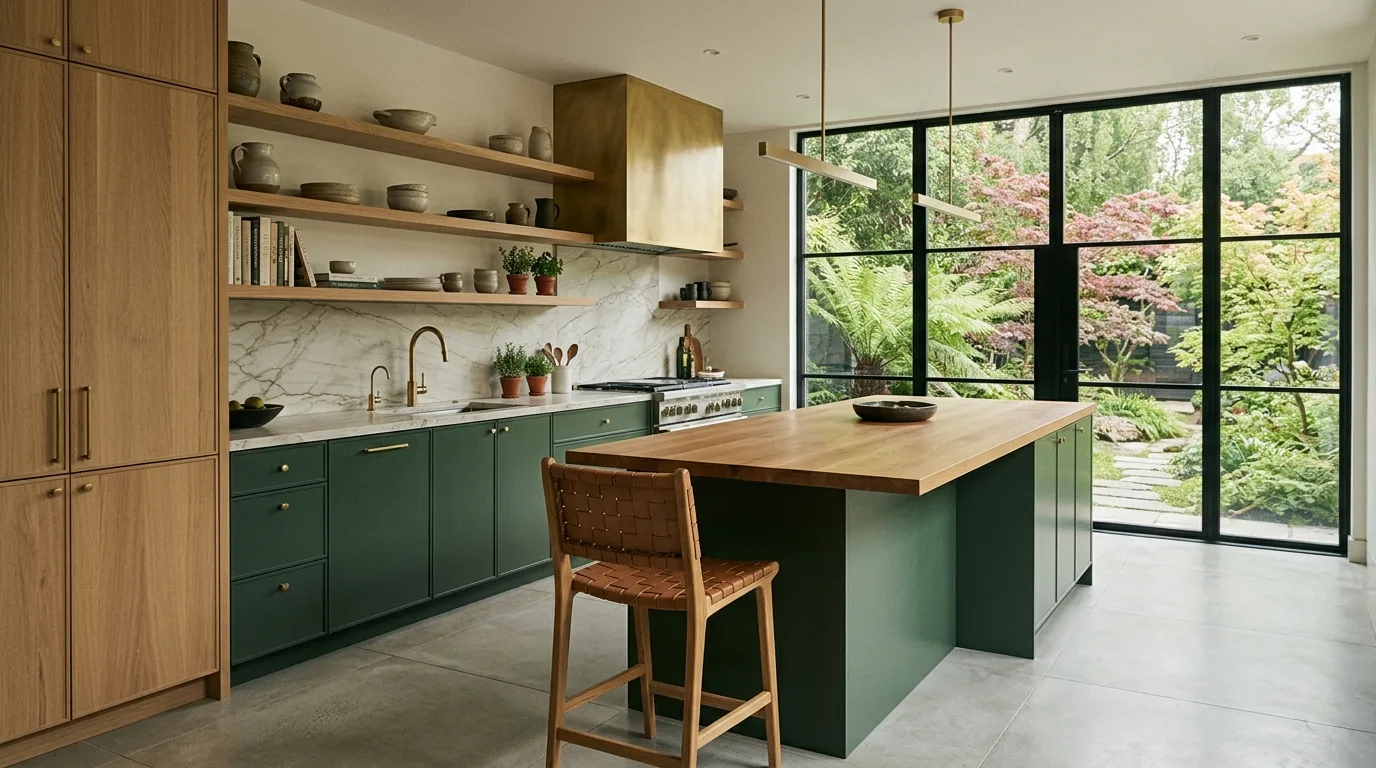 Forest green and natural wood mixed cabinetry. Open shelving, marble and oak counters, brass fixtures, and garden view windows.