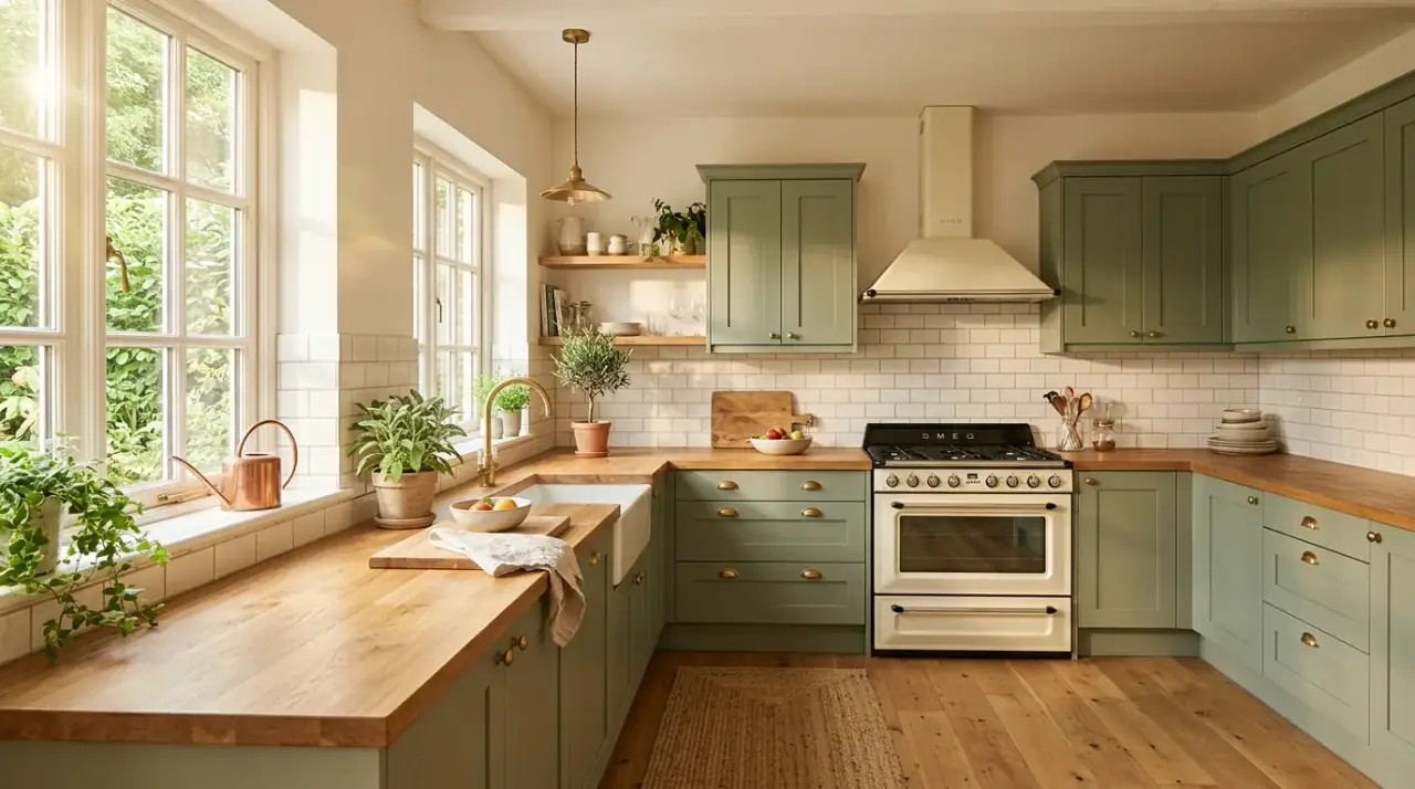 Warm green kitchen design inspired by nature with calming earthy character.