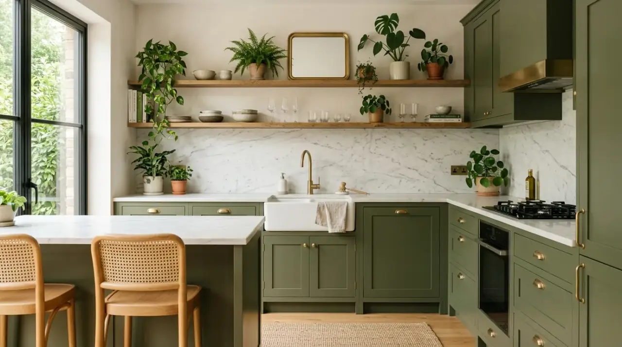 Sage green kitchen. Soft earthy color creating a serene and nature-inspired cookspace.