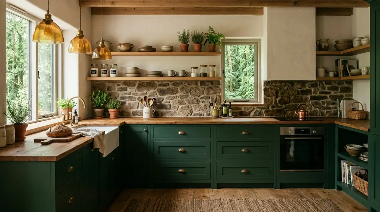 Green kitchen island. Nature-inspired island color adding depth to a neutral kitchen.