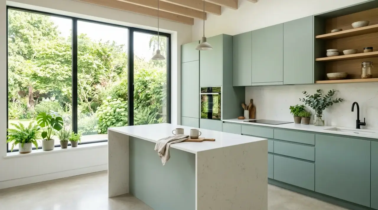 Green kitchen with brass. Warm metal details brightening a nature-inspired green kitchen palette.