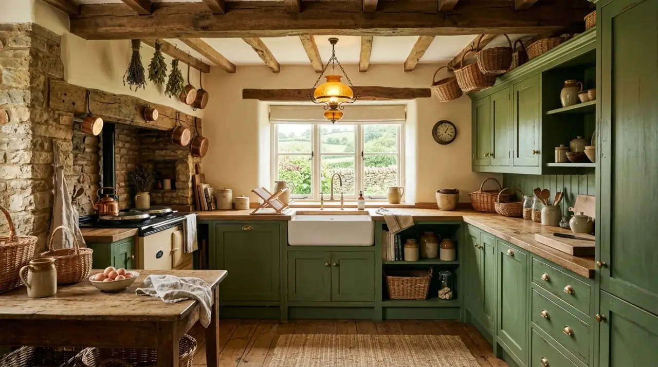 Green kitchen with stone counters. Organic surface materials reinforcing the earthy warmth of the space.