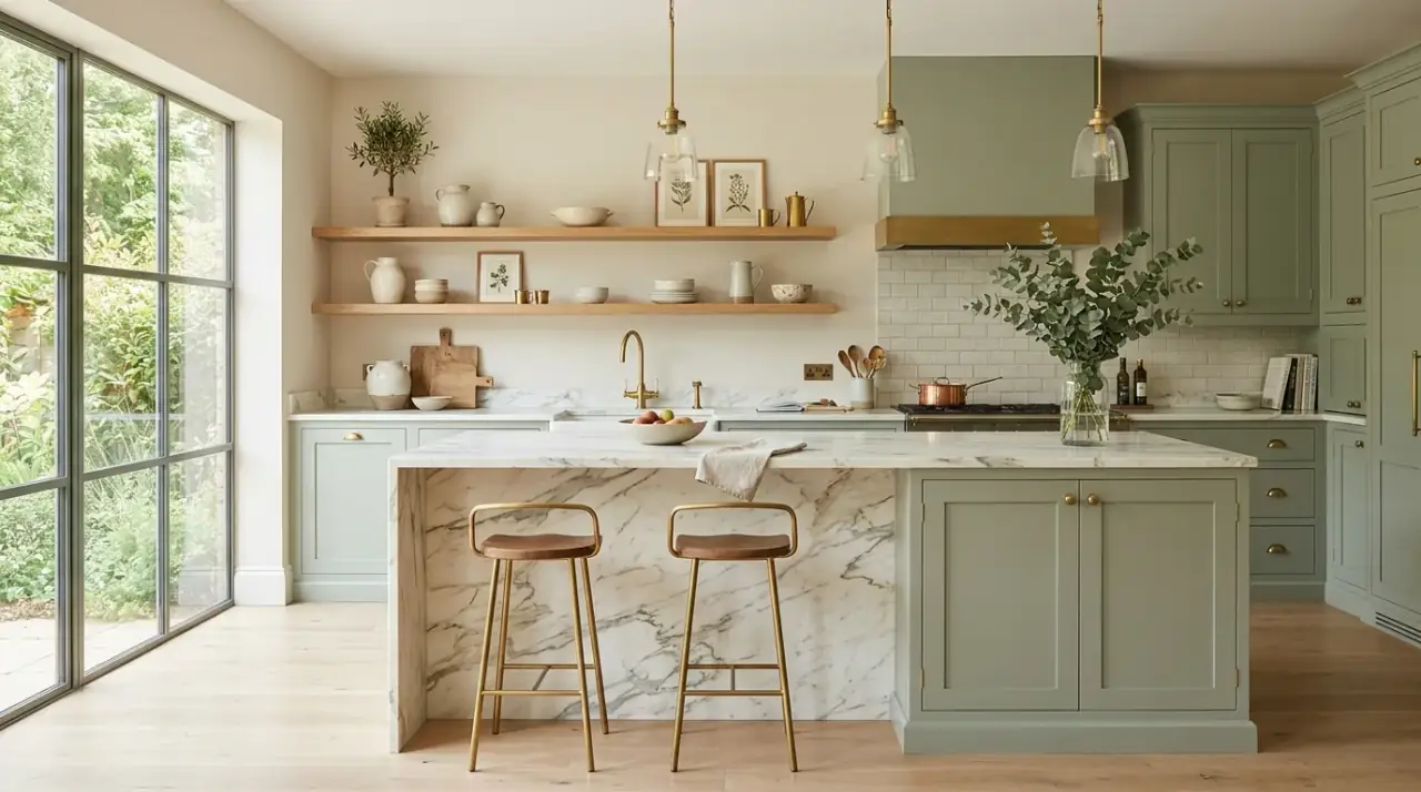 Green range wall kitchen. Focused accent color creating a stronger nature-inspired kitchen feature.