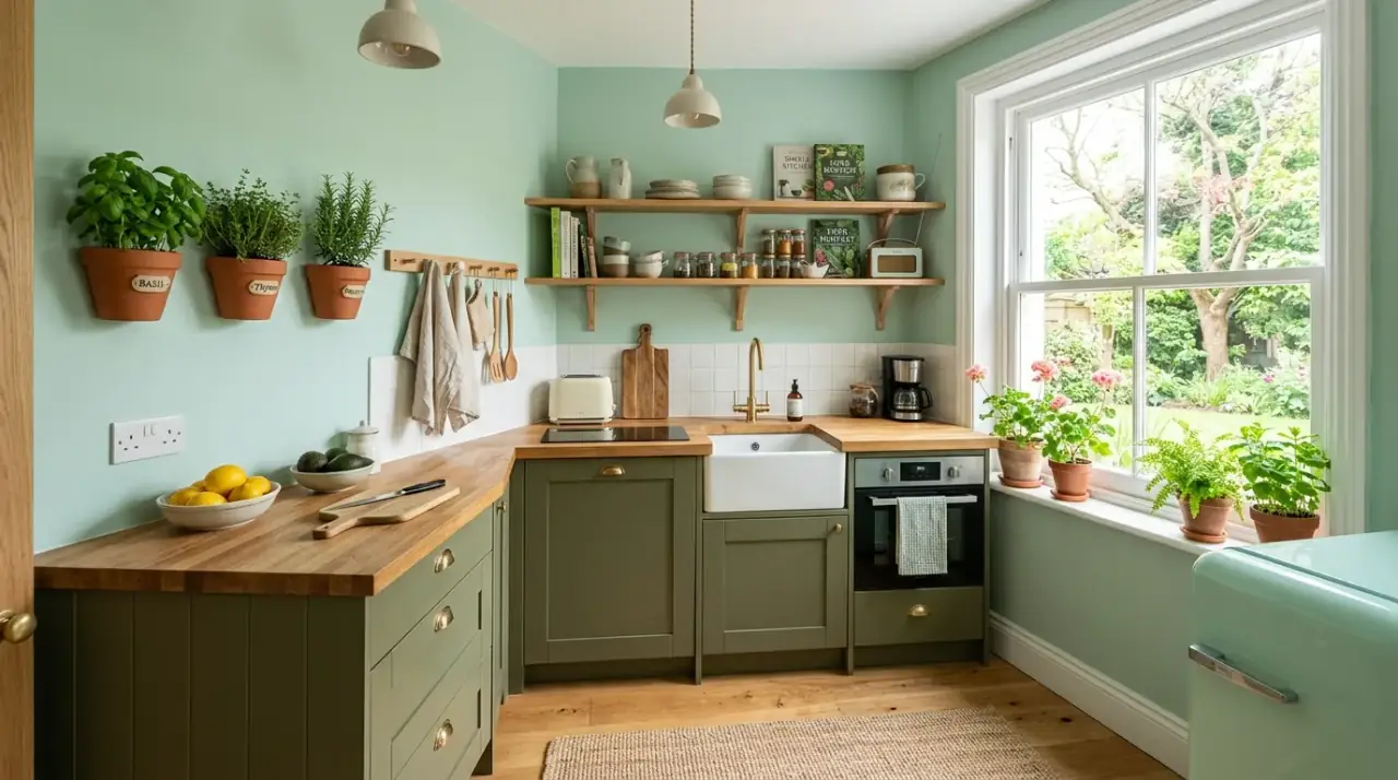 Green kitchen with wood shelves. Open shelving adding visual relief and warmth to green cabinetry.