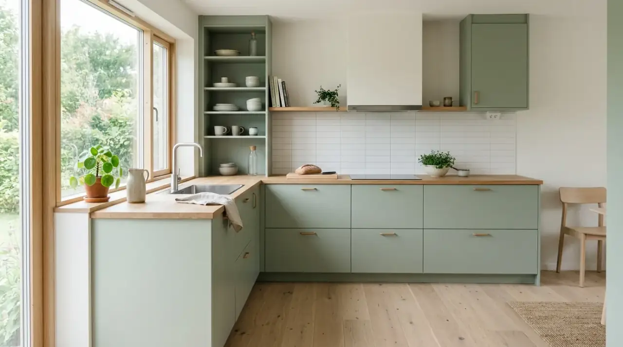 Green kitchen with black accents. Dark details sharpening a warm earthy kitchen palette.