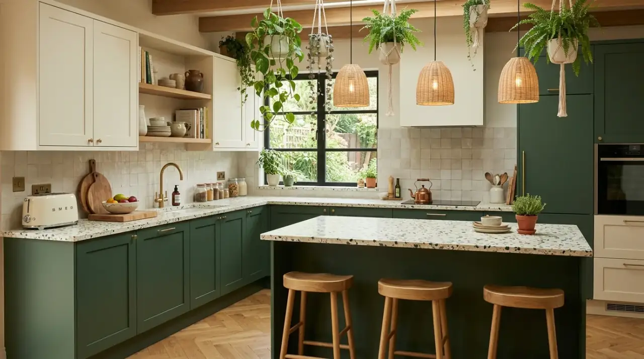 Textured tile in green kitchen. Earthy backsplash surfaces deepening the warmth of a green kitchen.