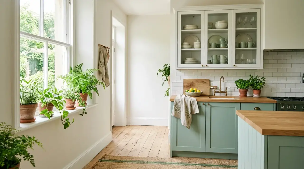 Plants in green kitchen. Small natural accents reinforcing the earthy kitchen color story.
