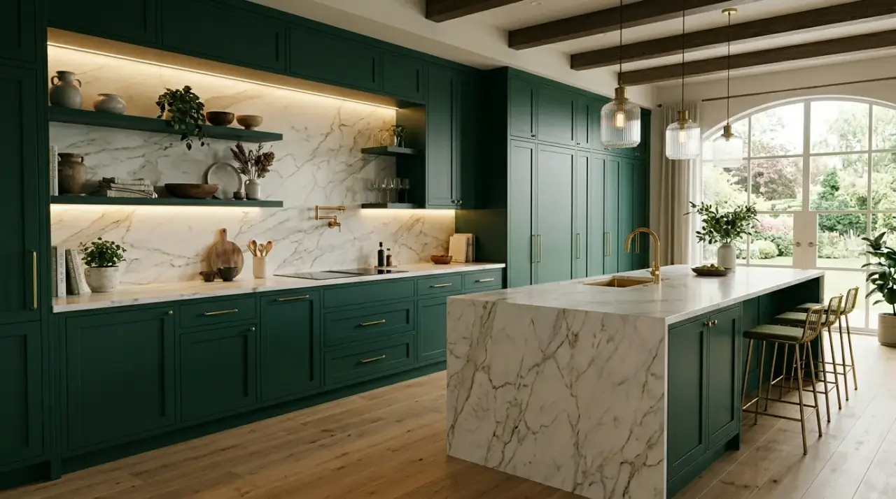 Warm lighting in green kitchen. Lighting bringing out the softer earthy depth of warm green surfaces.