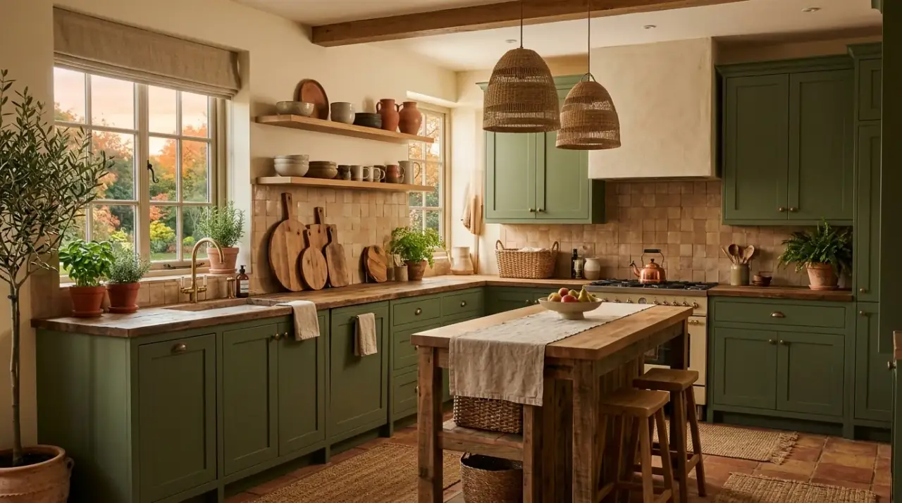 Green pantry built-in kitchen. Selective painted storage adding warm color and custom character.