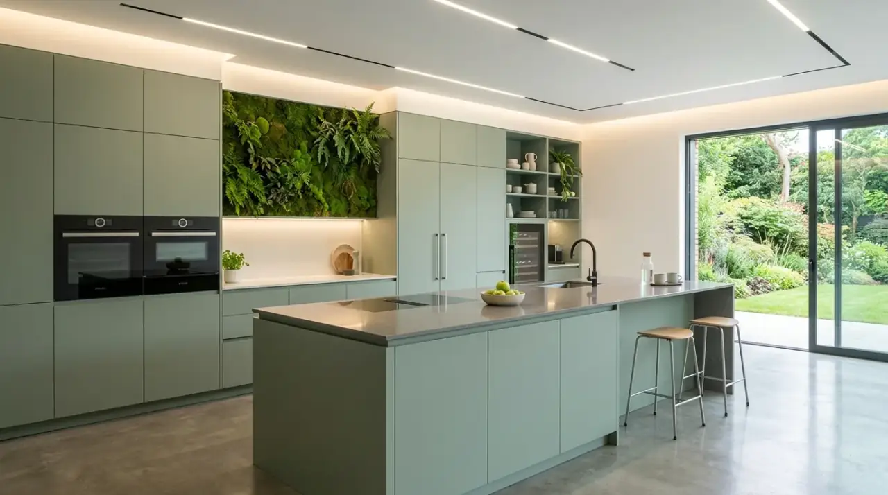 Warm green kitchen overview. Nature-inspired kitchen palette balanced with texture, light, and warmth.