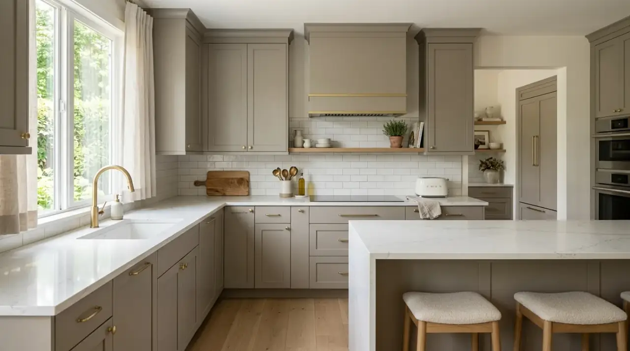Warm greige kitchen cabinets creating a perfectly balanced neutral kitchen palette.
