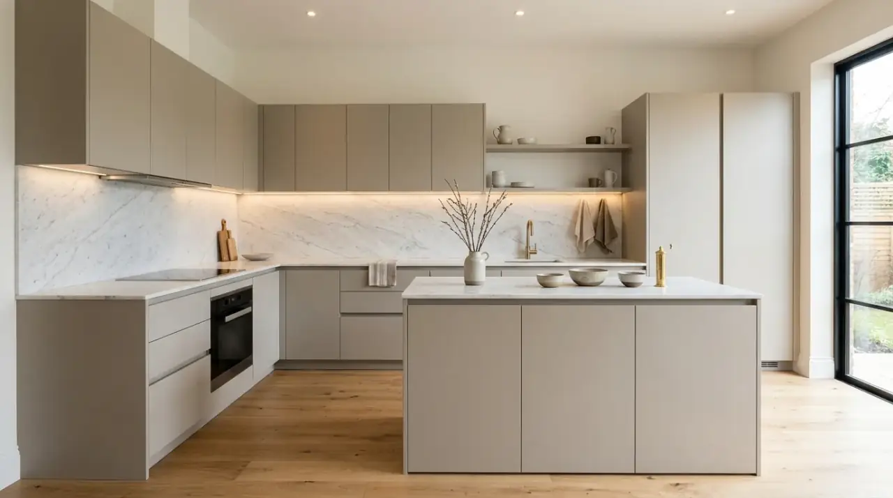 Warm greige kitchen with wood. Natural wood details deepening the warmth of a greige kitchen palette.