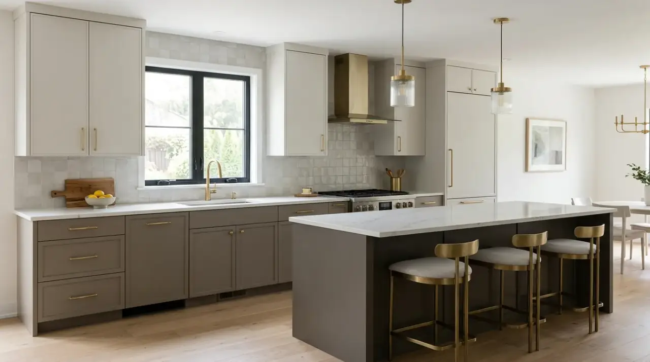 Greige cabinets with brass hardware. Warm metal accents elevating a soft and balanced cabinet color.