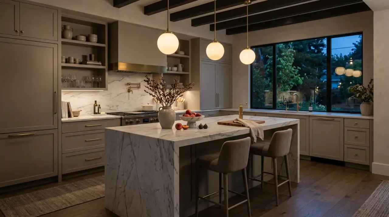 Greige cabinets with black accents. Sharper dark details helping a warm neutral kitchen feel more defined.