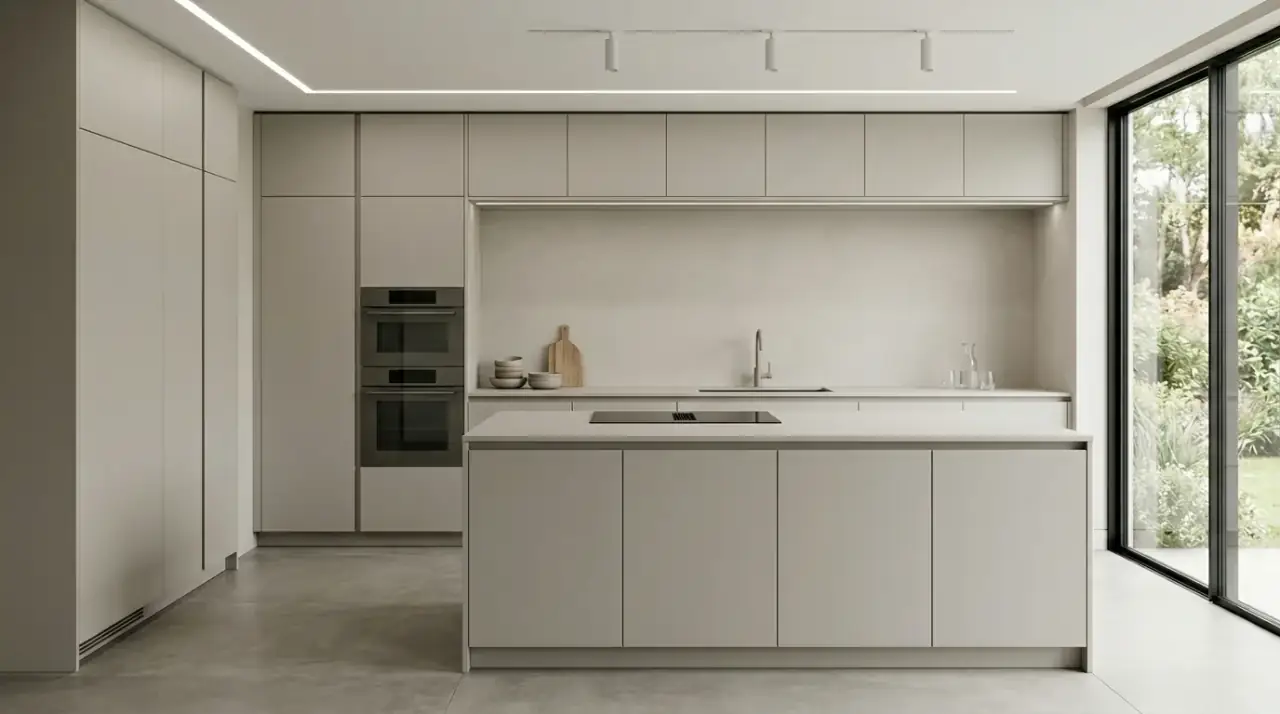 Greige kitchen island. Muted central cabinetry adding depth to a lighter kitchen scheme.