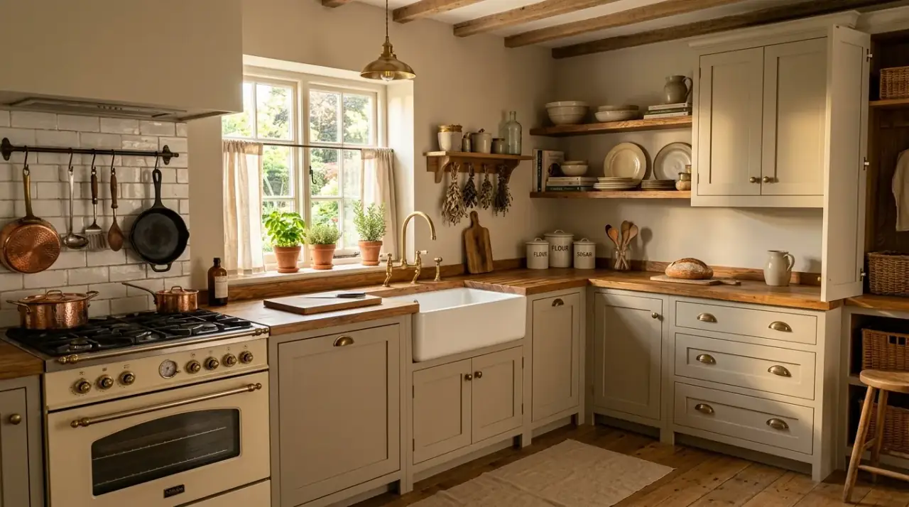 Tonal greige kitchen walls. Soft coordinated wall color helping the cabinetry feel more seamless.