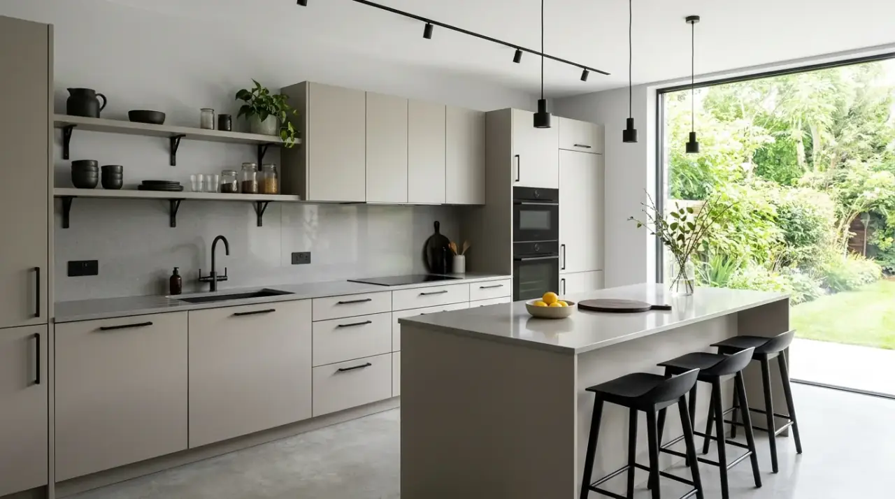 Greige kitchen with textured backsplash. Subtle tile variation giving more depth to a warm neutral kitchen.