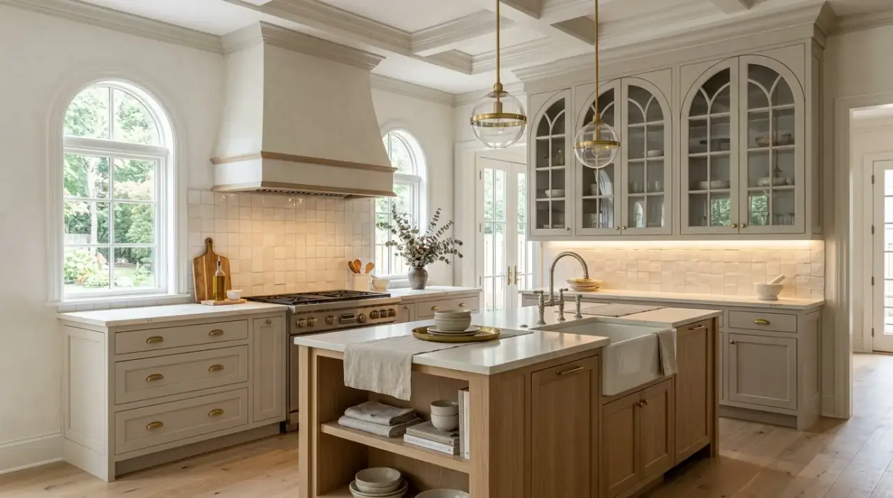 Greige shaker cabinets. Classic cabinet style supporting the calm warmth of a greige palette.