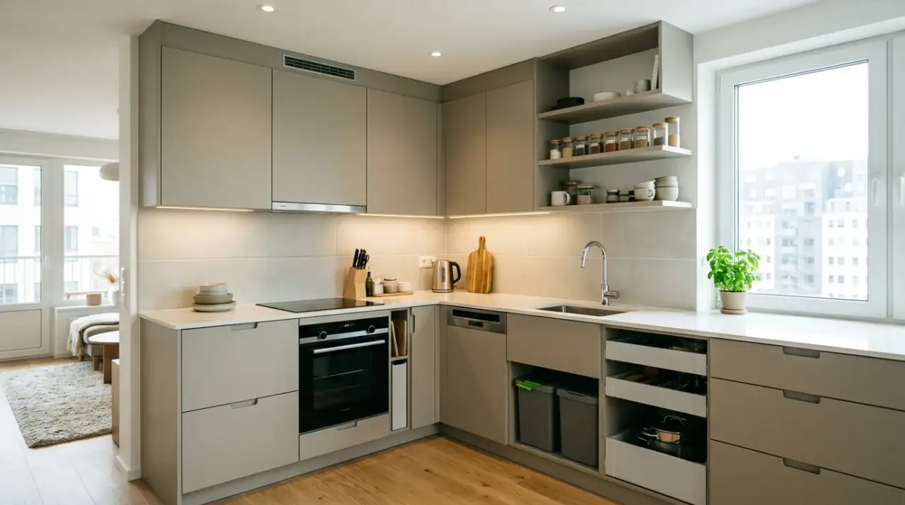 Greige cabinets with marble. Soft luxury palette pairing neutral cabinets with elegant stone surfaces.