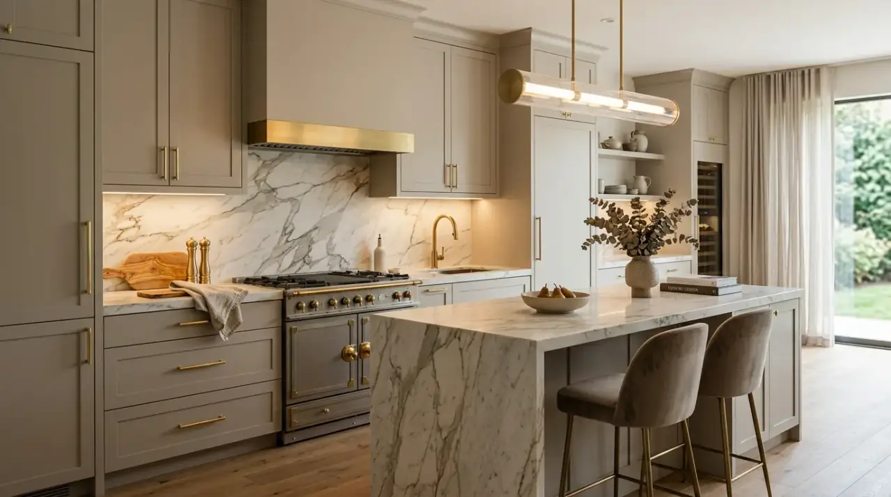 Layered neutral greige kitchen. Related soft tones creating more depth in a balanced kitchen palette.