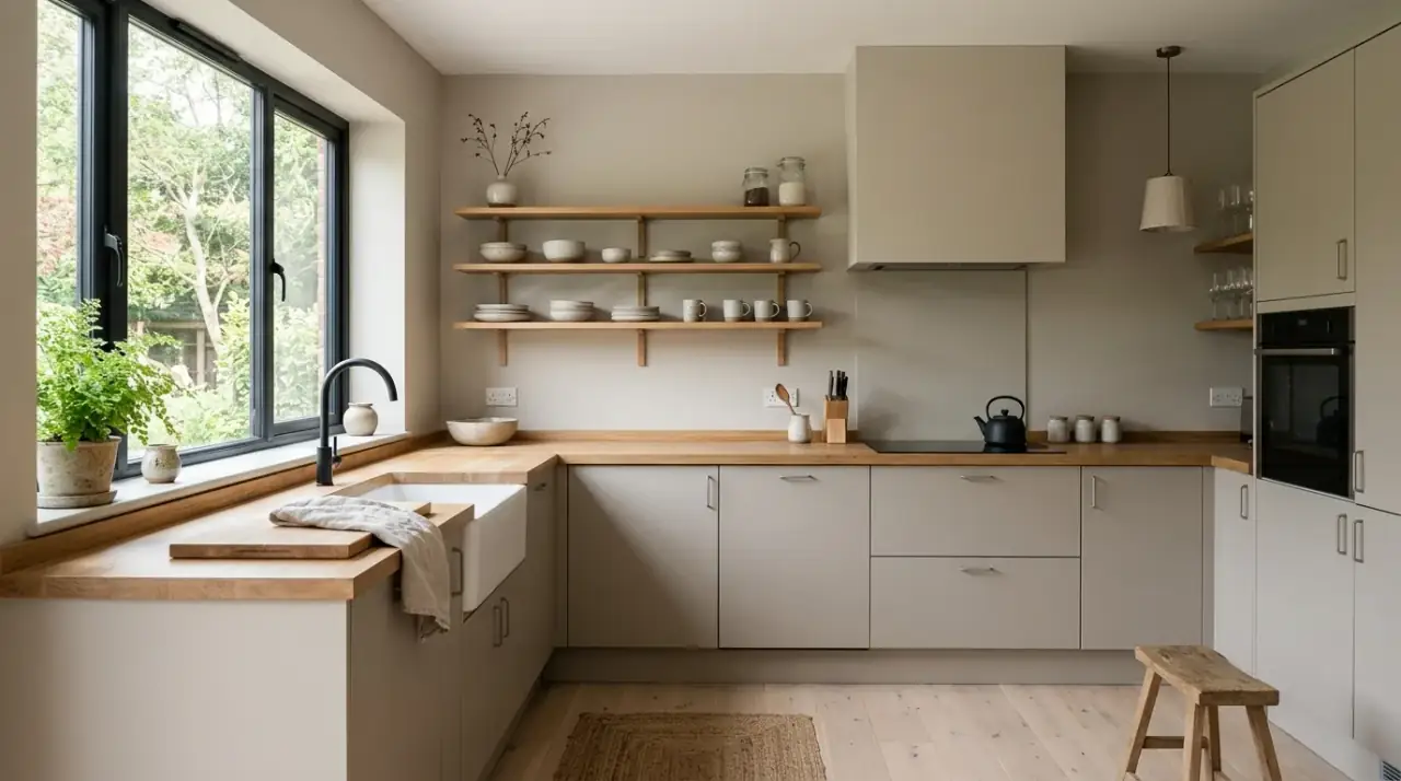 Warm lighting on greige cabinets. Better lighting bringing richness to a soft greige cabinet finish.
