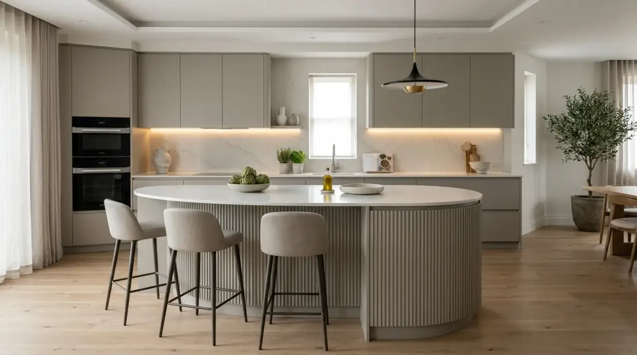 Warm greige kitchen overview. Balanced neutral cabinetry combining modern calm with everyday warmth.