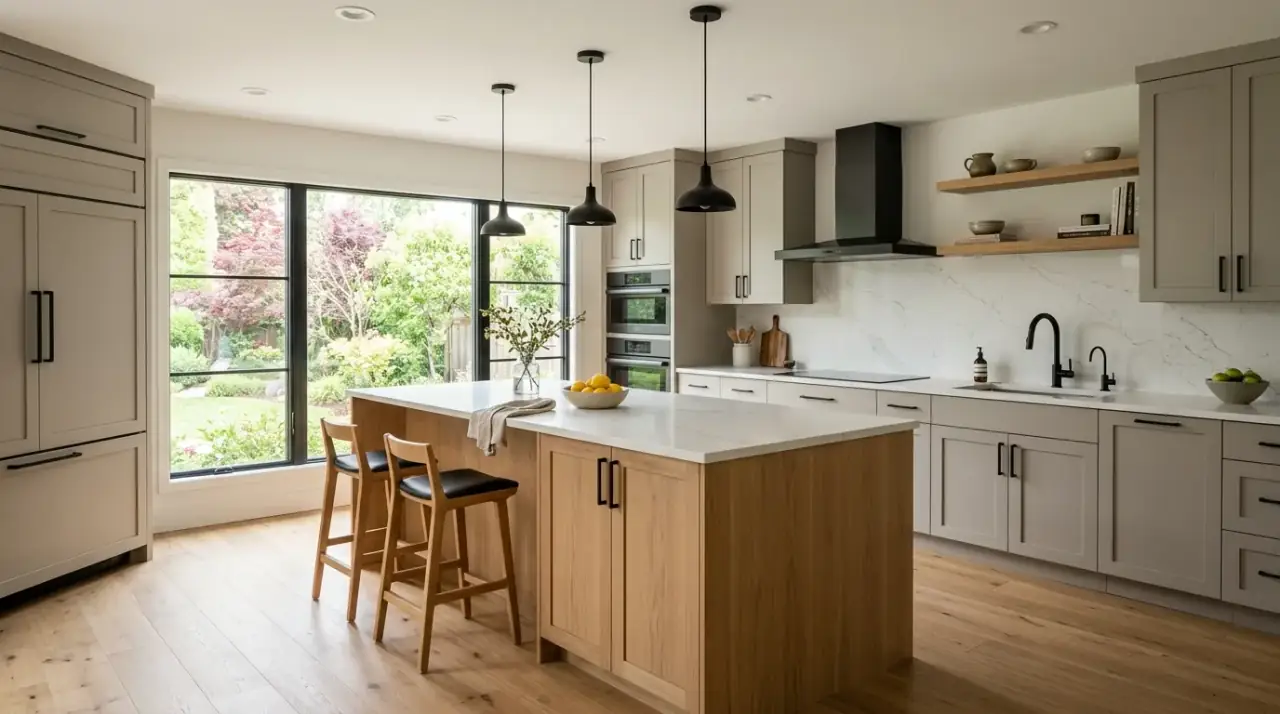 Warm grey and wood modern kitchen designed for a balanced natural contemporary look.