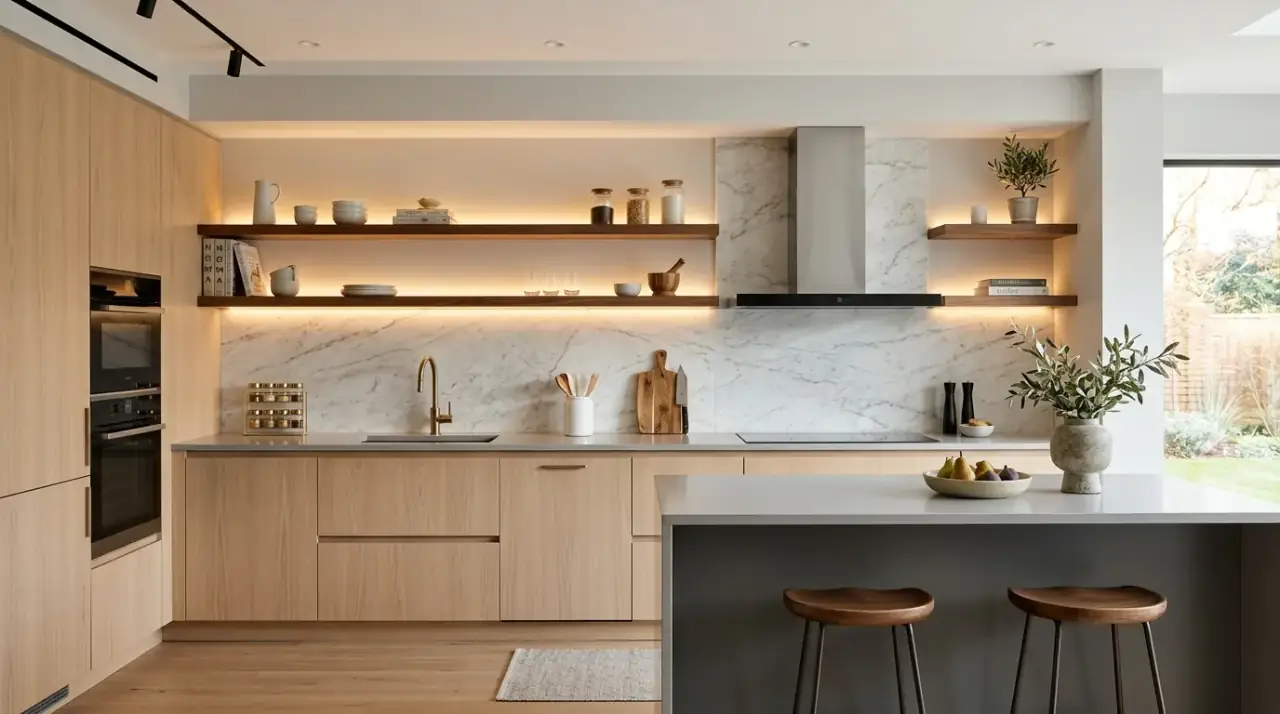 Grey island with wood accents. Modern kitchen layering a calm central island with warmer timber details.