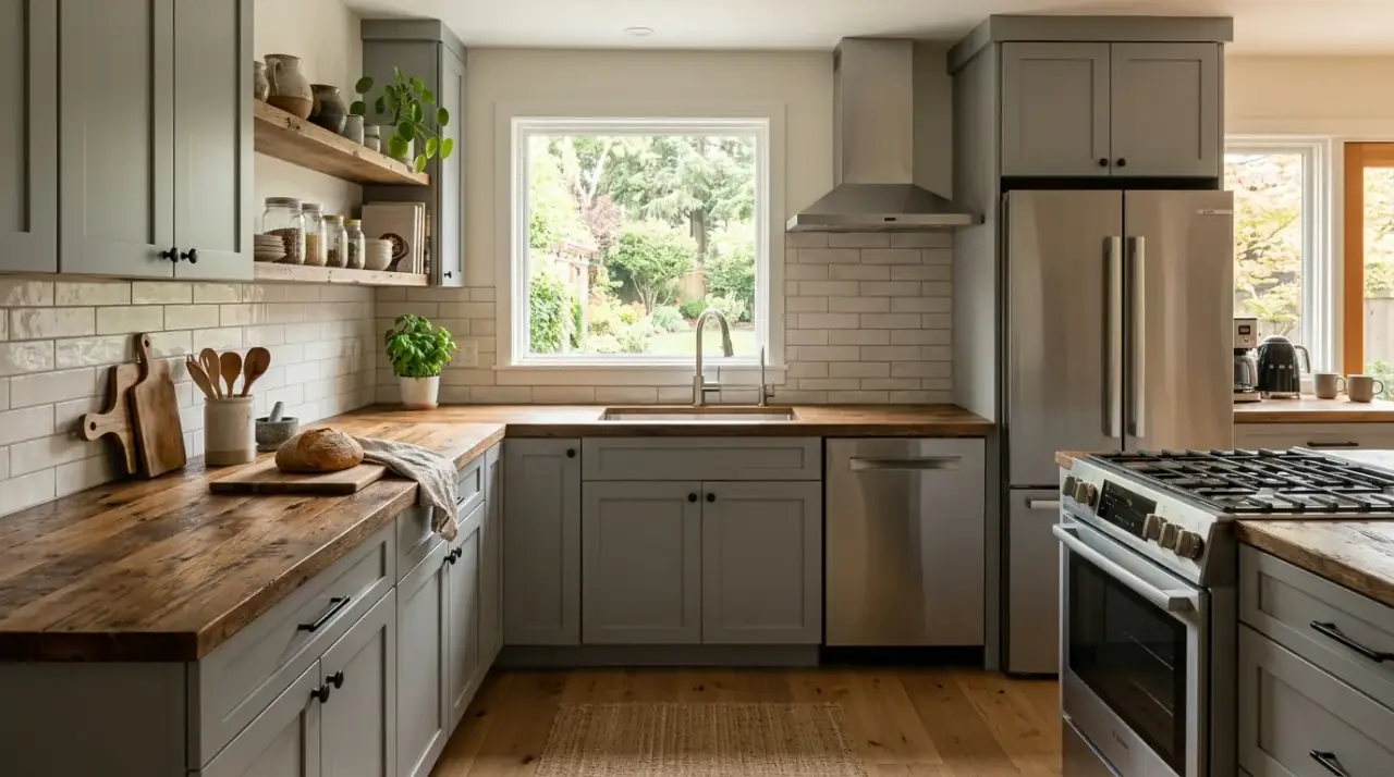 Handleless grey kitchen with wood floor. Sleek cabinetry balanced by warm timber flooring in a modern kitchen.