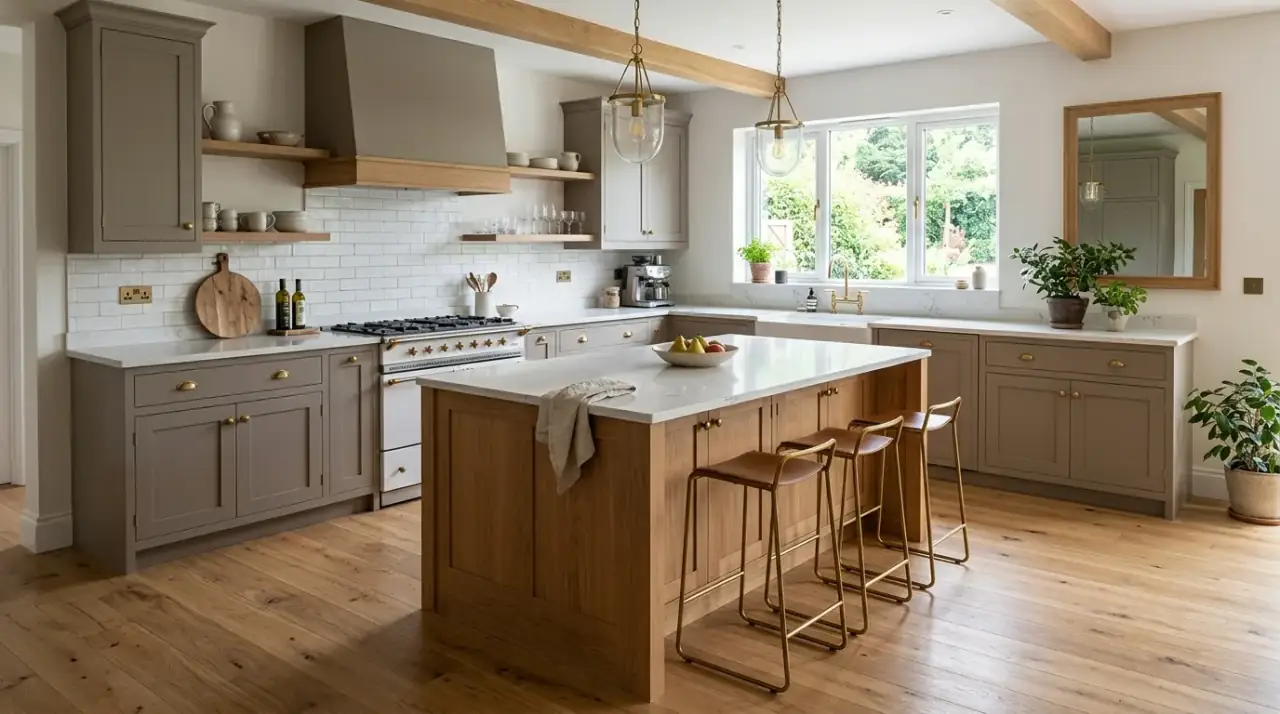 Warm grey and walnut kitchen. Deeper timber tones enriching a balanced modern grey kitchen palette.