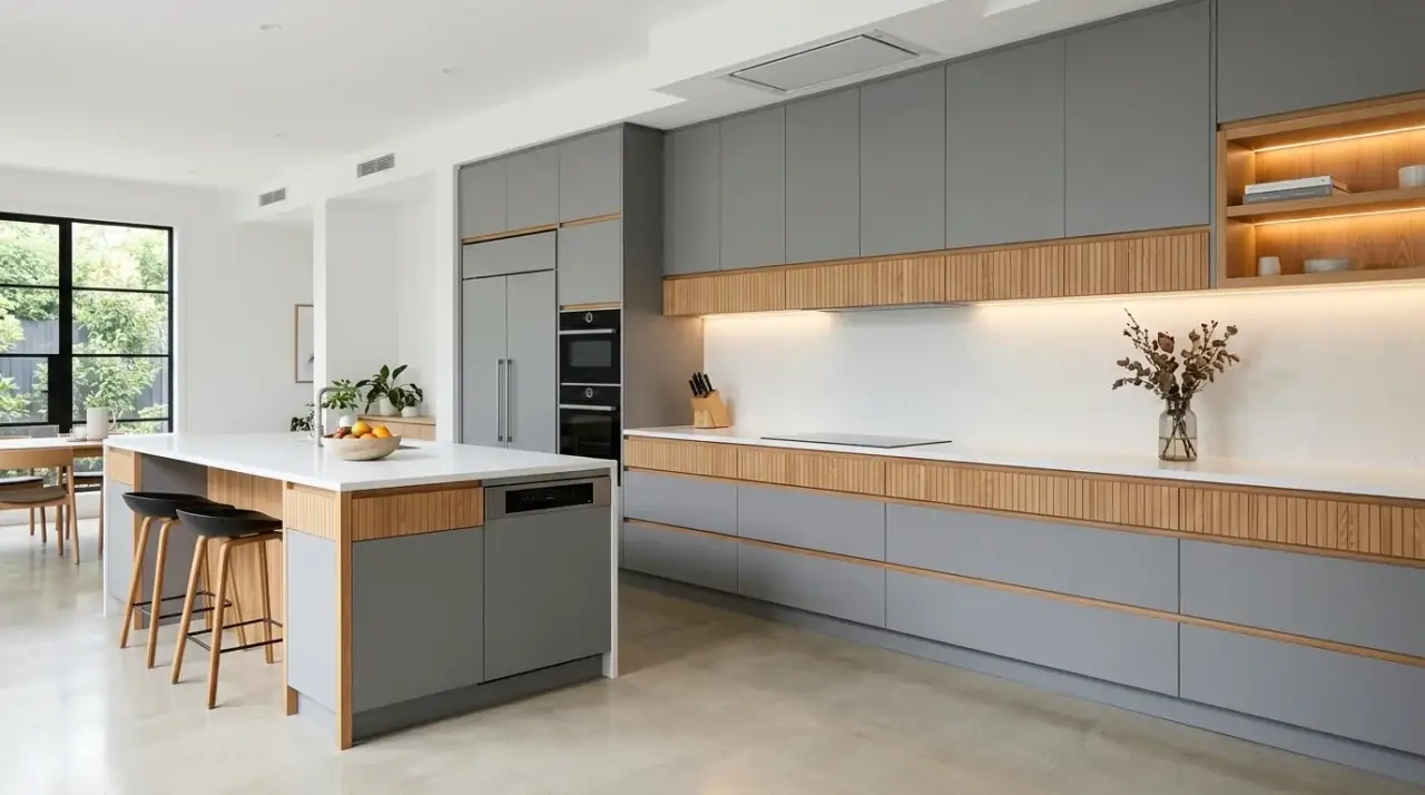 Grey wood kitchen with pale stone. Light stone surfaces refreshing a warm modern neutral kitchen.