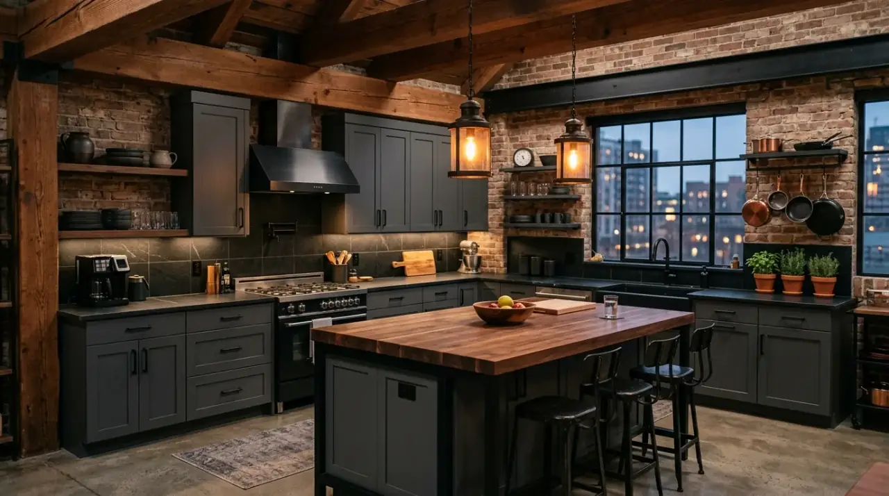 Slatted wood with grey kitchen. Textured timber detail warming a calm contemporary grey palette.