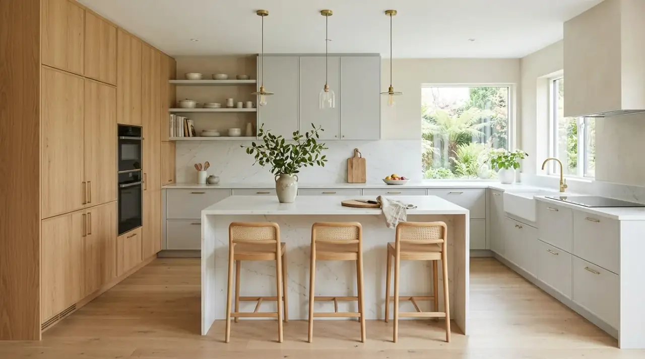 Grey kitchen with wood open shelves. Warm shelving repeating timber tones in a calm modern kitchen.