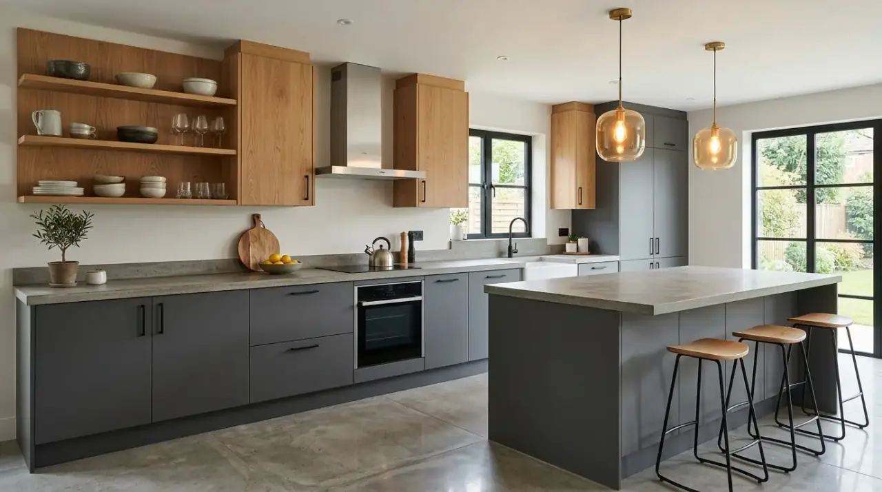 Warm lighting in grey and wood kitchen. Layered light softening a neutral kitchen and enriching the timber warmth.