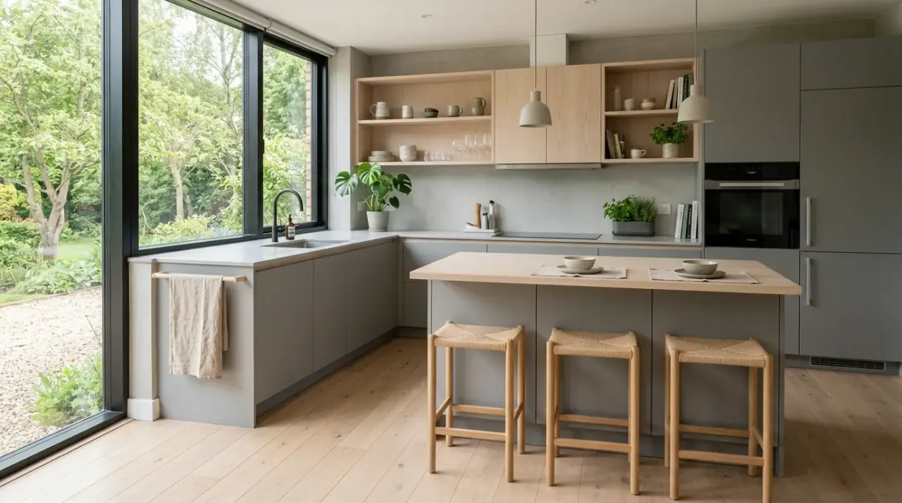 Greige and wood modern kitchen. Warm grey tones creating a softer balanced contemporary kitchen.