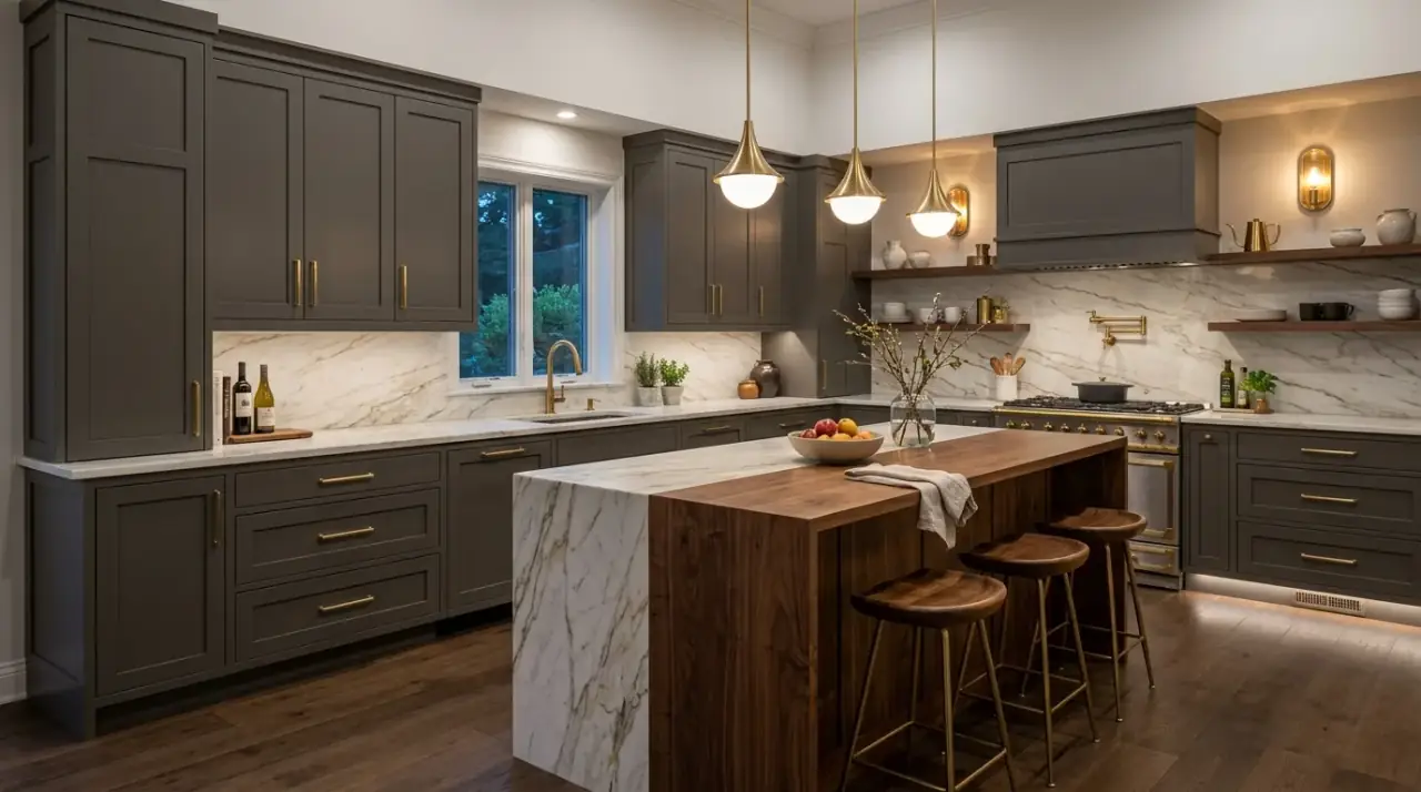 Grey wood kitchen with black accents. Stronger dark details defining a warm modern neutral kitchen palette.