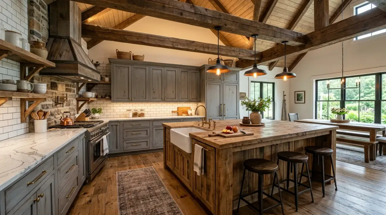 Wood island in grey kitchen. Natural central feature balancing a calm modern grey kitchen.