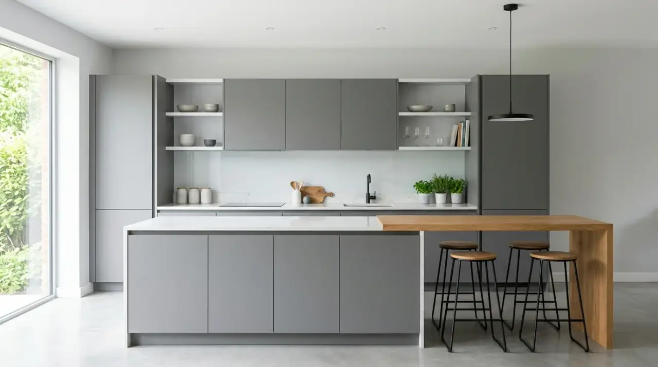 Grey wood kitchen with plaster walls. Soft wall texture supporting a balanced modern natural kitchen palette.