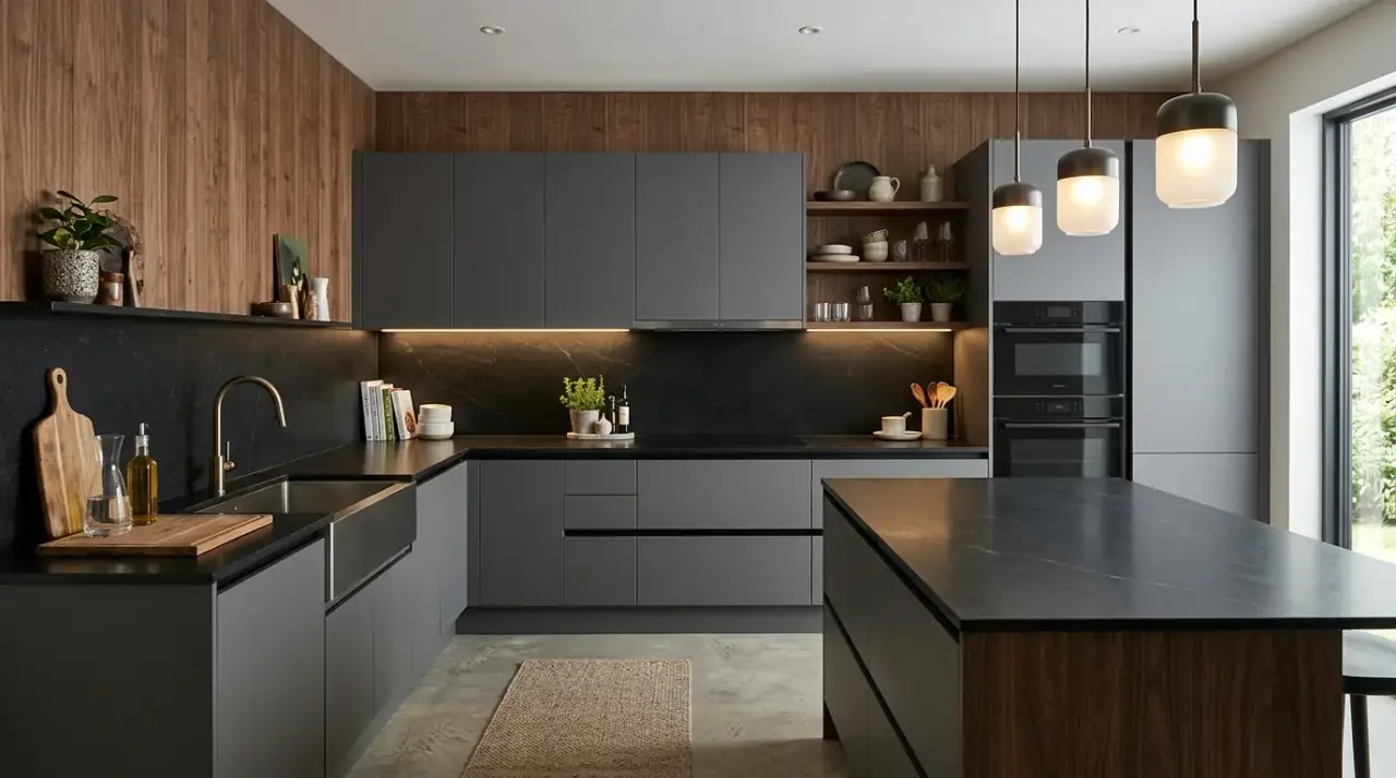 Simply styled grey and wood kitchen. Edited decor allowing balanced modern materials to define the room.