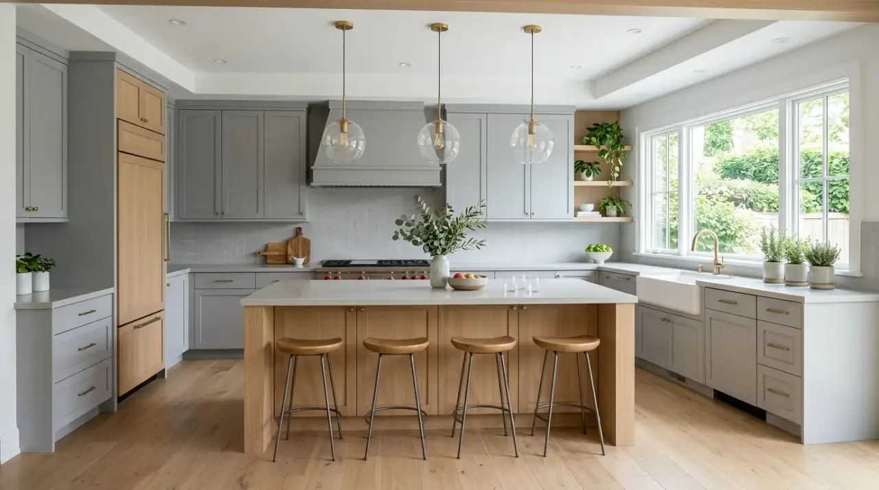 Warm grey wood kitchen full palette. Balanced modern kitchen built from calm neutral grey and natural wood warmth.