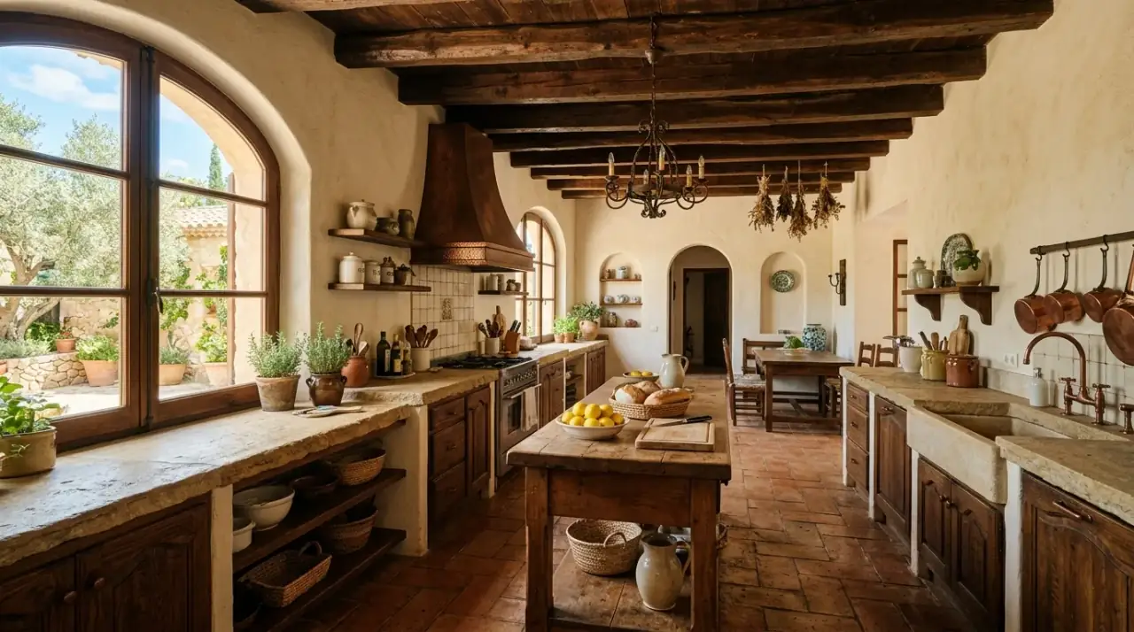 Warm Mediterranean kitchen with terracotta, plaster walls, wood accents, and sun-drenched natural light.