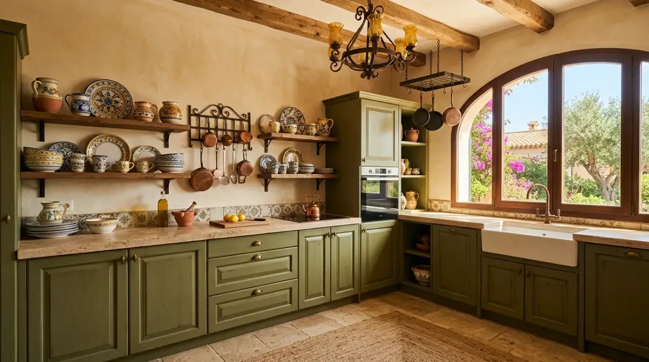 Limewash Mediterranean kitchen. Soft textured walls bringing warmth and light movement to the kitchen.