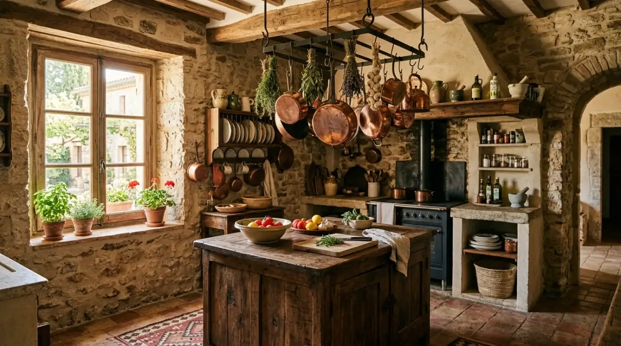 Arched Mediterranean kitchen. Curved architectural details softening a warm Mediterranean kitchen.