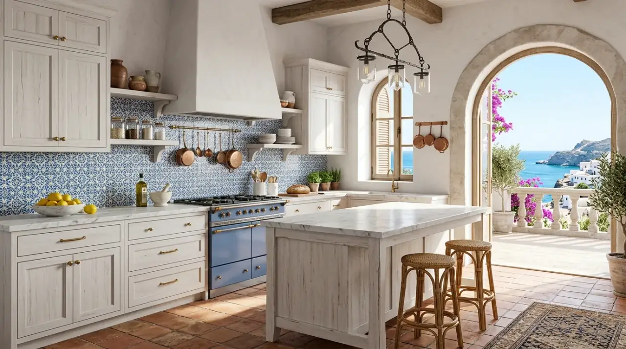 Plaster hood Mediterranean kitchen. Sculptural plaster range hood creating a soft focal point in the kitchen.
